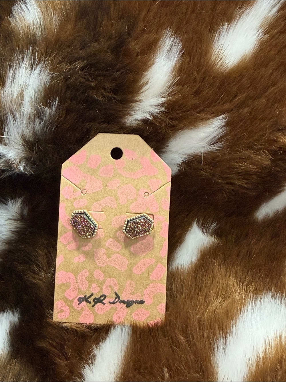 Hexagon Crystal Stud Earrings - Pink/Gold Glitter